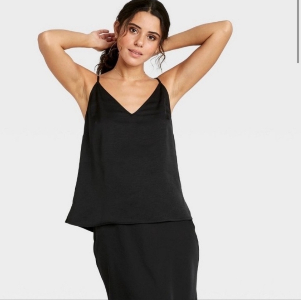 Women's Slim Fit V-Neck Satin Cami Blouse - A New Day Black XXL